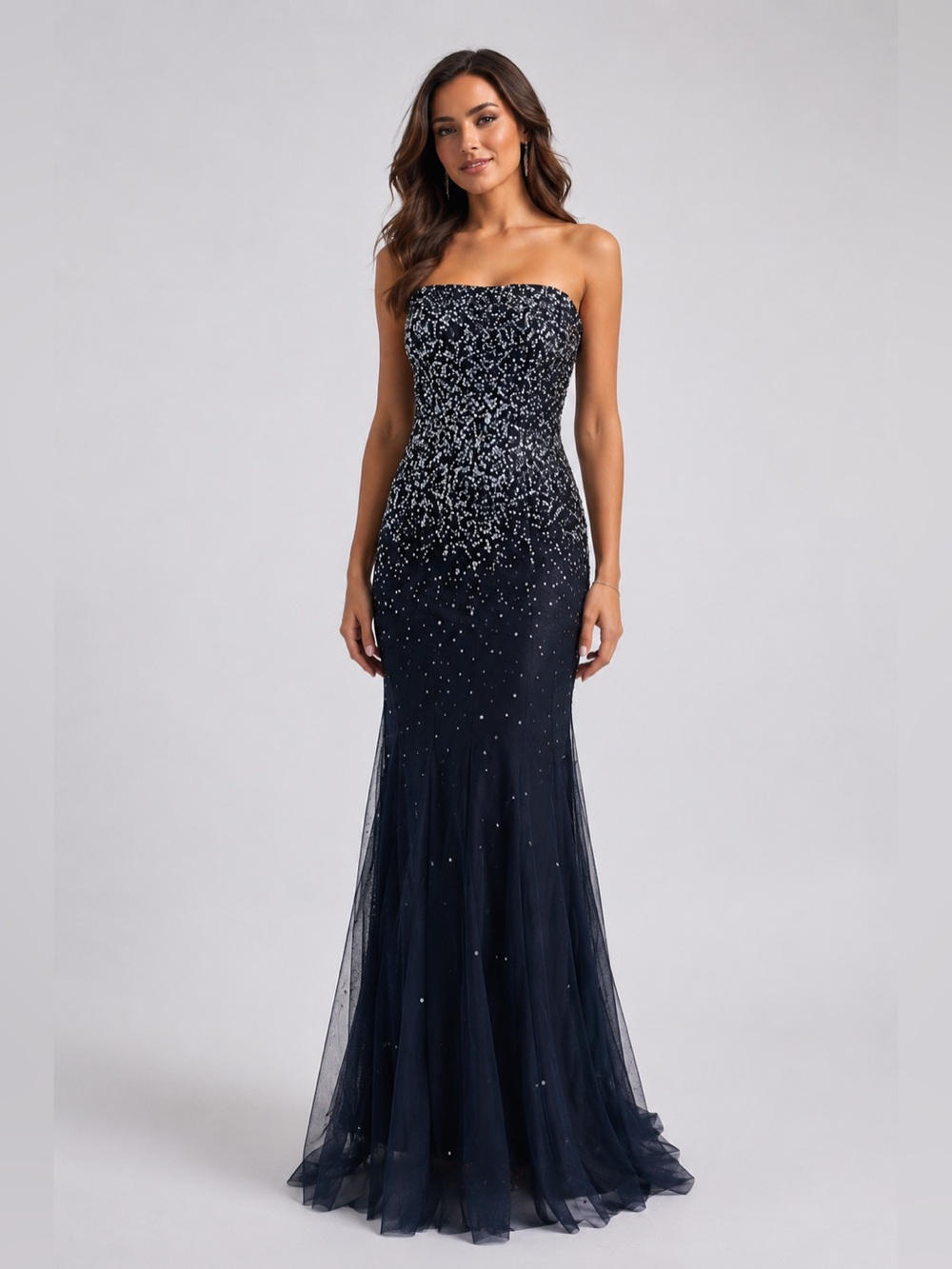 Adrianna Papell Navy Blue Sequin Evening Gown Formal Prom Dress Size 6